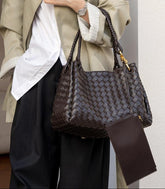 Double-Sided Weaving Noir Woven Lambskin Leather Shoulder Bag with Braided Handle and Gold Accents