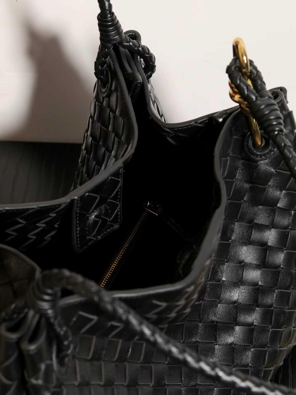 Double-Sided Weaving Noir Woven Lambskin Leather Shoulder Bag with Braided Handle and Gold Accents - Image 8