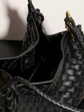 Double-Sided Weaving Noir Woven Lambskin Leather Shoulder Bag with Braided Handle and Gold Accents - Image 8