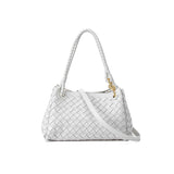 Double-Sided Weaving Noir Woven Lambskin Leather Shoulder Bag with Braided Handle and Gold Accents