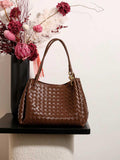 Double-Sided Weaving Noir Woven Lambskin Leather Shoulder Bag with Braided Handle and Gold Accents