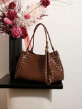 Double-Sided Weaving Noir Woven Lambskin Leather Shoulder Bag with Braided Handle and Gold Accents