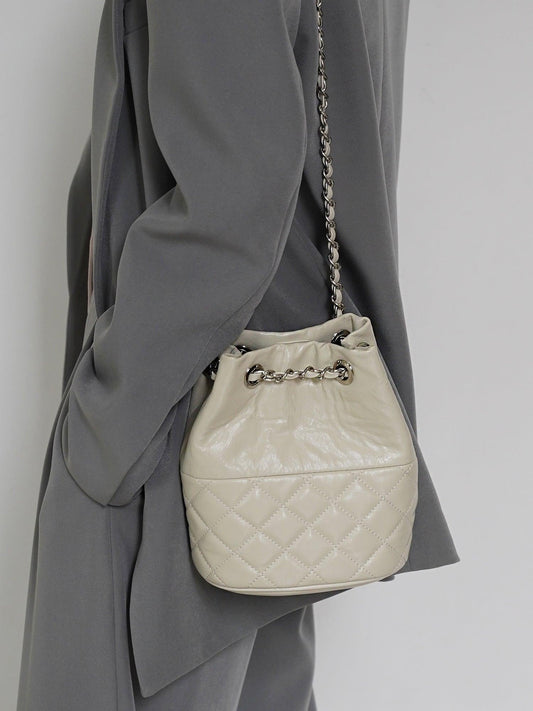 Elegant Calfskin Quilted Chain Bucket Bag Purse | Fashion Quilted Shoulder & Crossbody Purse