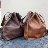 Elegant Cowhide Leather Bucket Tote Bag with Wide Strap– Large Shoulder and Crossbody Bag for Women