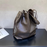 Elegant Cowhide Leather Bucket Tote Bag with Wide Strap– Large Shoulder and Crossbody Bag for Women