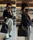 Elegant Cowhide Leather Bucket Tote Bag with Wide Strap– Large Shoulder and Crossbody Bag for Women