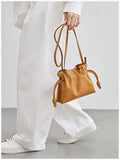 Elegant Oversized Cowhide Leather Tote Bag for Women with Drawstring Closure