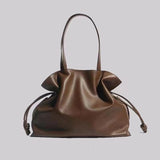 Elegant Oversized Cowhide Leather Tote Bag for Women with Drawstring Closure
