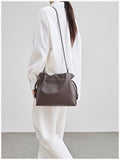 Elegant Oversized Cowhide Leather Tote Bag for Women with Drawstring Closure