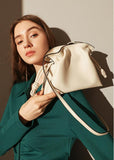 Elegant Small Cowhide Leather Shoulder Bag Crossbody Bag for Women with Drawstring Closure