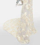 Elegant Floral Formal Gown Dress with Train, Slim Fit Luxury Backless Long Champagne Evening Dress for Weddings