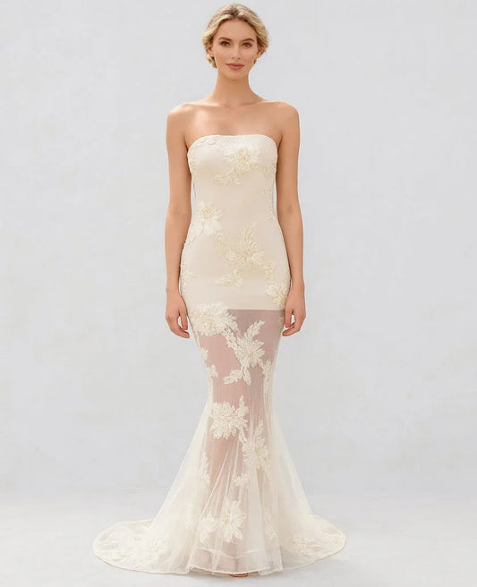 Elegant Floral Formal Gown Dress with Train, Slim Fit Luxury Backless Long Champagne Evening Dress for Weddings