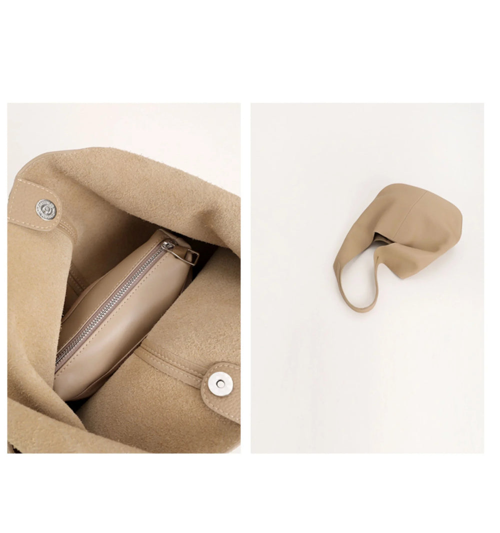 Essentials Slouchy Leather Hobo Bag, Must-have Fashion Designer Minimalist Handbag, Cowhide Bucket Bag beige