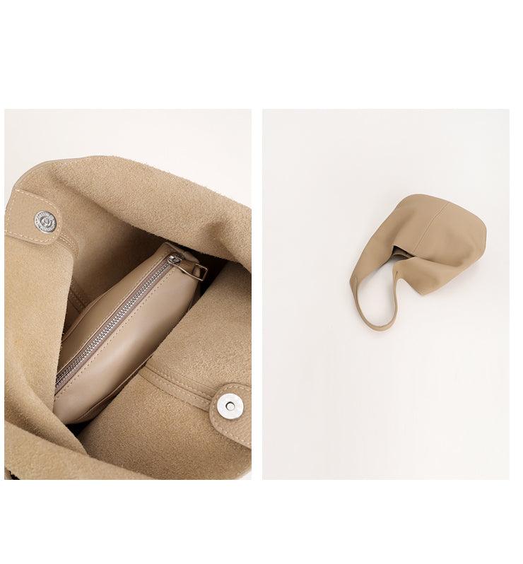 Essentials Slouchy Leather Hobo Bag, Must-have Fashion Designer Minimalist Handbag, Cowhide Bucket Bag beige