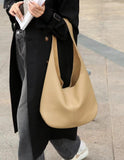 Essentials Slouchy Leather Hobo Bag, Must-have Fashion Designer Minimalist Handbag, Cowhide Bucket Bag beige