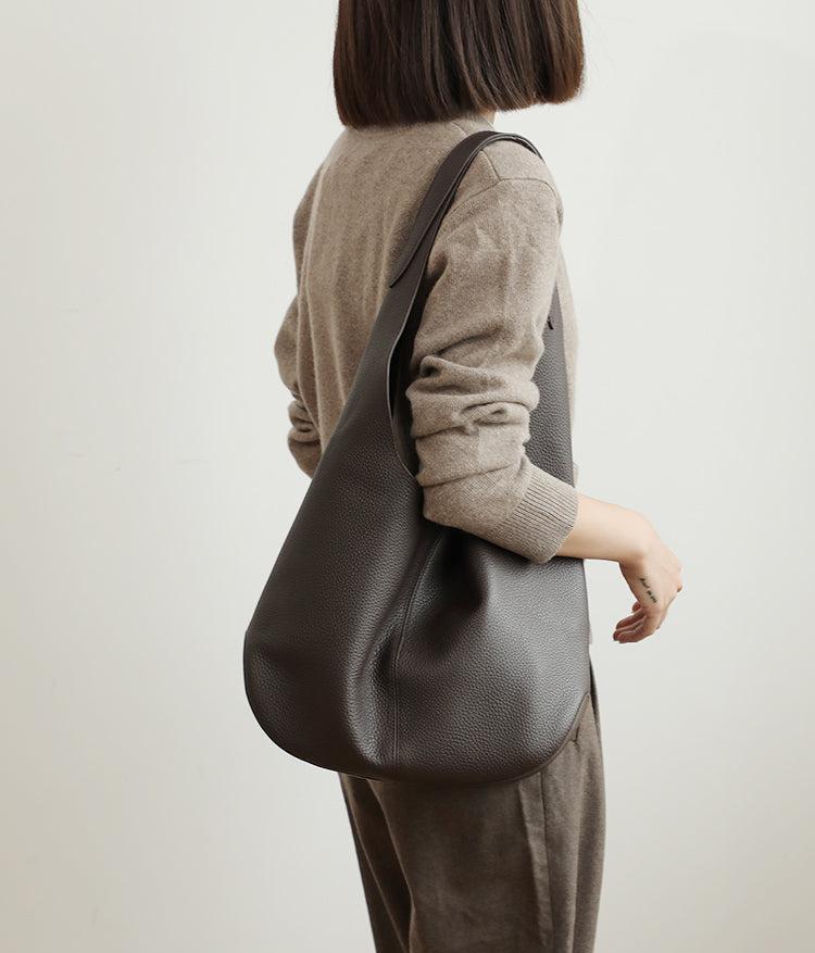 Essentials Slouchy Leather Hobo Bag, Must-have Fashion Designer Minimalist Handbag, Cowhide Bucket Bag