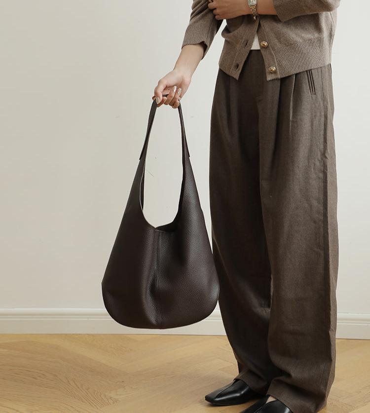Essentials Slouchy Leather Hobo Bag, Must-have Fashion Designer Minimalist Handbag, Cowhide Bucket Bag