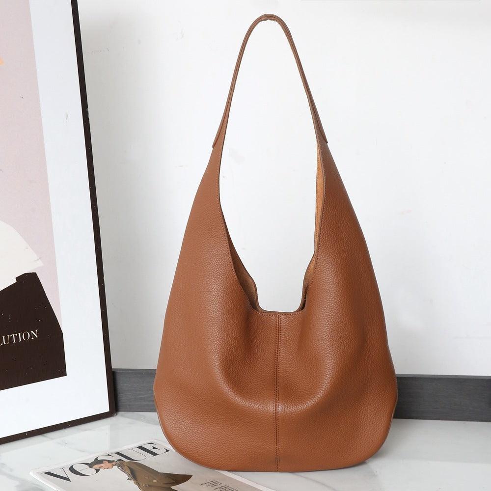 Essentials Slouchy Leather Hobo Bag, Must-have Fashion Designer Minimalist Handbag, Cowhide Bucket Bag brown