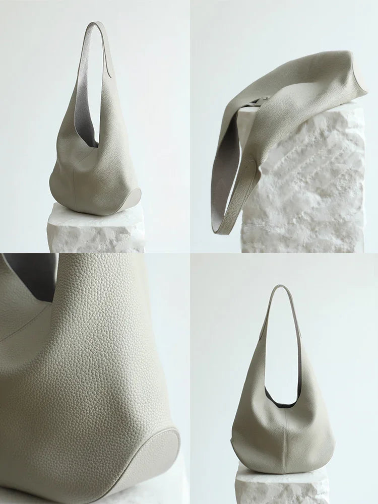 Essentials Slouchy Leather Hobo Bag, Must-have Fashion Designer Minimalist Handbag, Cowhide Bucket Bag beige