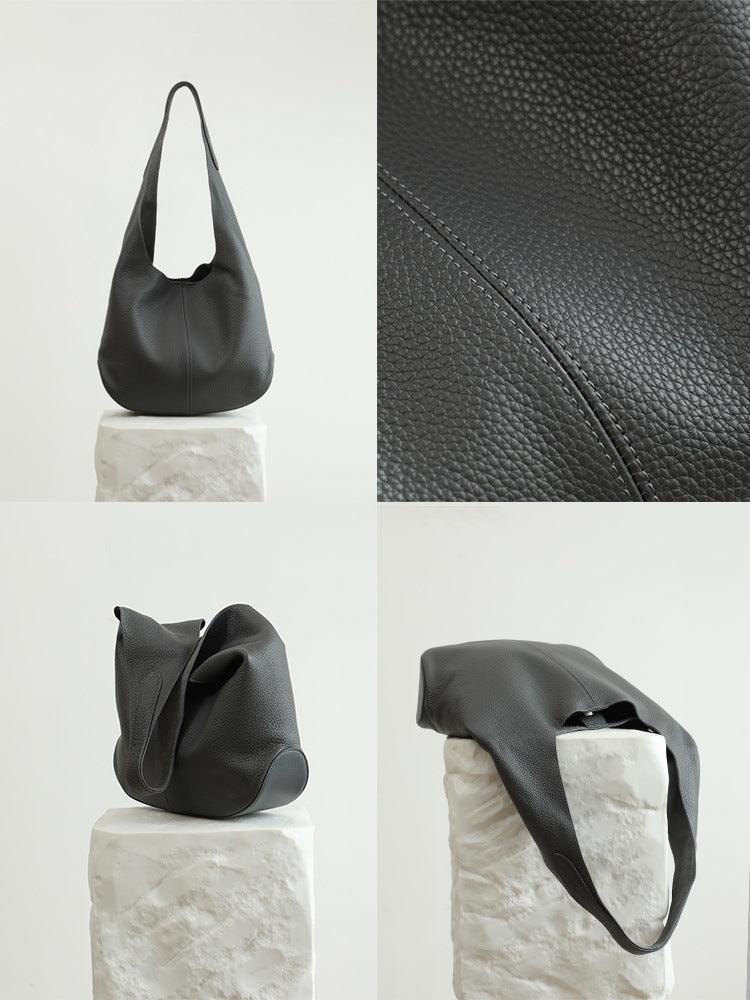 Essentials Slouchy Leather Hobo Bag, Must-have Fashion Designer Minimalist Handbag, Cowhide Bucket Bag