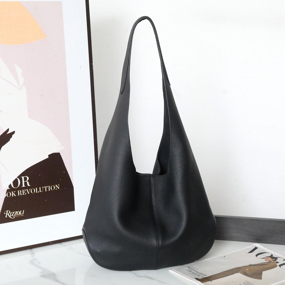 Essentials Slouchy Leather Hobo Bag, Must-have Fashion Designer Minimalist Handbag, Cowhide Bucket Bag