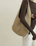 Essentials Slouchy Leather Hobo Bag, Must-have Fashion Designer Minimalist Handbag, Cowhide Bucket Bag beige