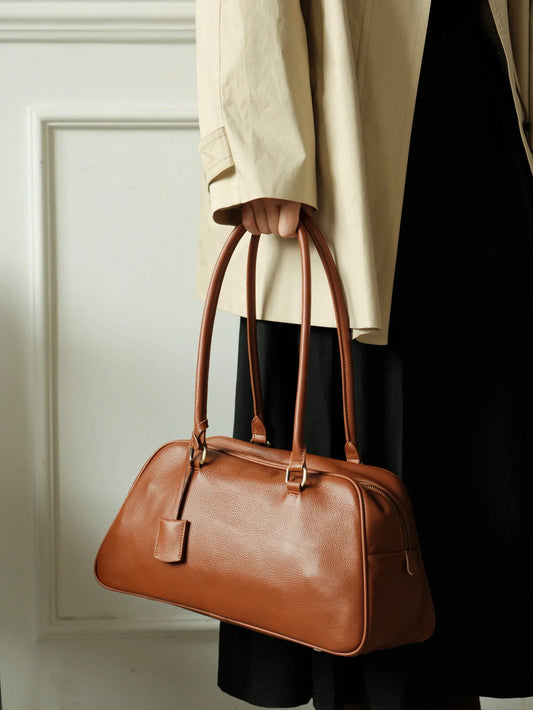 Full Grain Leather Bowling Bag – Handcrafted Structured Boston Shoulder Bag | Cowhide Top Handle Handbag