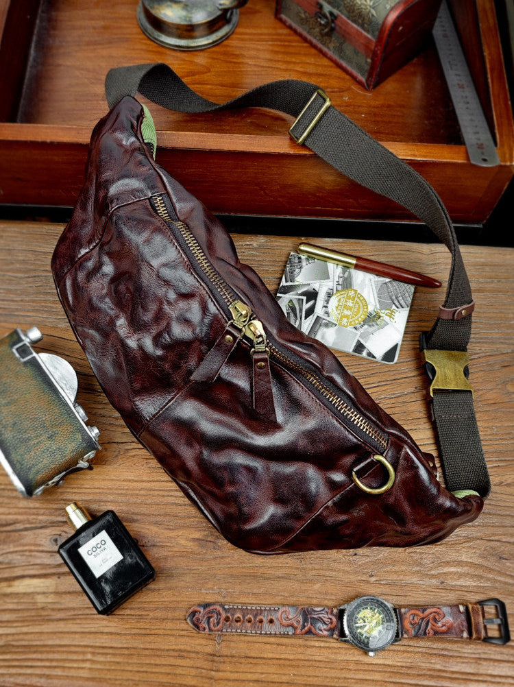 Full Grain Leather Chest Bag | Men's Distressed Crossbody Sling Bag with Phone Pocket