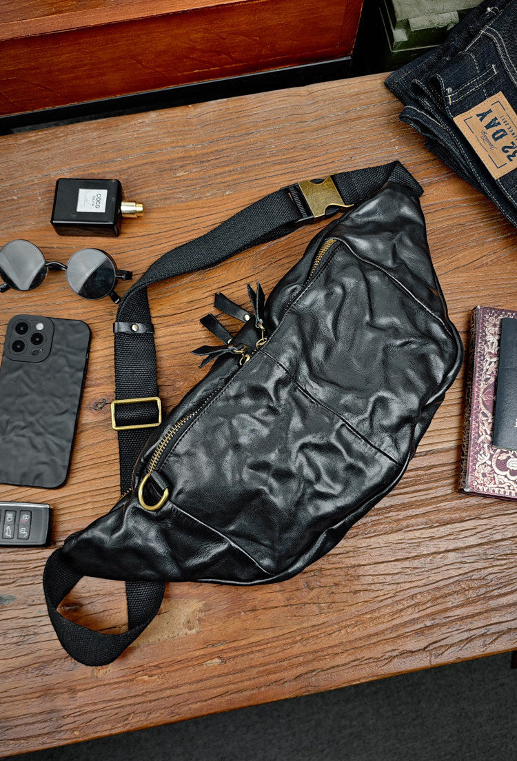 Full Grain Leather Chest Bag | Men's Distressed Crossbody Sling Bag with Phone Pocket
