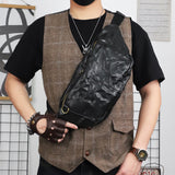 Full Grain Leather Chest Bag | Men's Distressed Crossbody Sling Bag with Phone Pocket