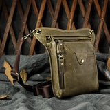 Full Grain Leather Sling Bag, Leather Motorcycle Hip Pouch, Male Knight Bull Head Bag and Sling Bags, Crazy Horse Leather Everyday Carry Pouch for Men Green