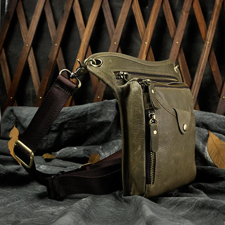 Full Grain Leather Sling Bag, Leather Motorcycle Hip Pouch, Male Knight Bull Head Bag and Sling Bags, Crazy Horse Leather Everyday Carry Pouch for Men Green
