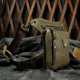 Full Grain Leather Sling Bag, Leather Motorcycle Hip Pouch, Male Knight Bull Head Bag and Sling Bags, Crazy Horse Leather Everyday Carry Pouch for Men Green
