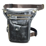 Full grain black leather leg bag with zip pockets and adjustable waist strap for men or women
