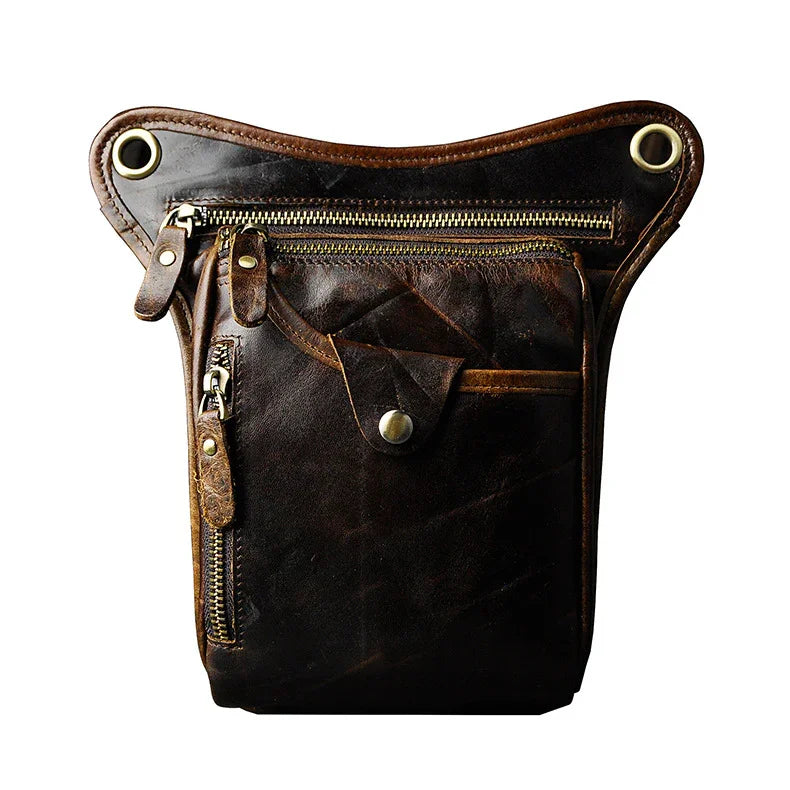 Full Grain Leather Leg Bag, Foraging Pouch, Leather Motorcycle Waist Bag, Male Knight Bull Head Bag, Crazy Horse Leather Bag for Men Women, Coffee