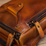 Close-up of a brown full grain leather leg bag with zippers and snap button detail
