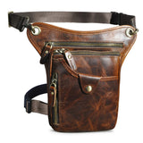 Full grain leather leg bag for men, worn at the waist, with zipper pockets, outdoor setting Red Brown