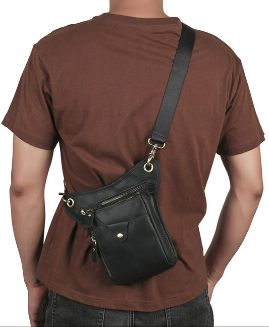 Men's Vintage Crazy Horse Leather Fanny Pack, Cowhide Waist & Thigh Bag for Phone, Outdoor, Motorcycle