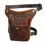 Full grain leather leg bag for men, worn at the waist, with zipper pockets, outdoor setting Red Brown