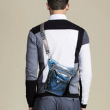 Full grain leather blue leg bag with zippered pockets and adjustable straps