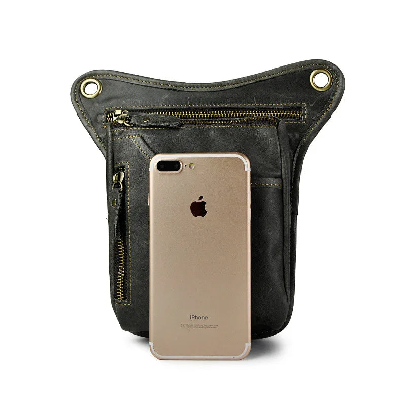 Full grain leather leg bag with zippered pockets and brass snap closures, motorcycle waist pouch dark grey