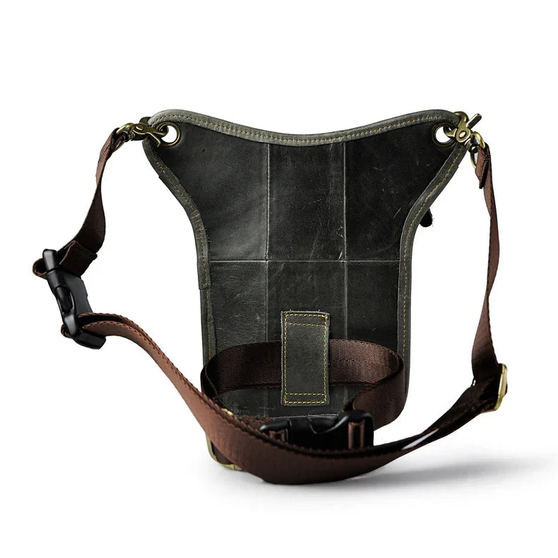 Full grain leather leg bag with zippered pockets and brass snap closures, motorcycle waist pouch dark grey