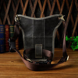 Full grain leather leg bag with zippered pockets and brass snap closures, motorcycle waist pouch dark grey