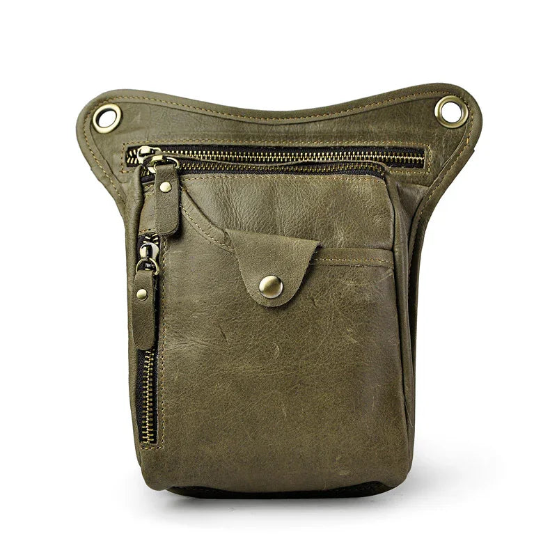 Full Grain Leather Sling Bag, Leather Motorcycle Hip Pouch, Male Knight Bull Head Bag and Sling Bags, Crazy Horse Leather Everyday Carry Pouch for Men Green