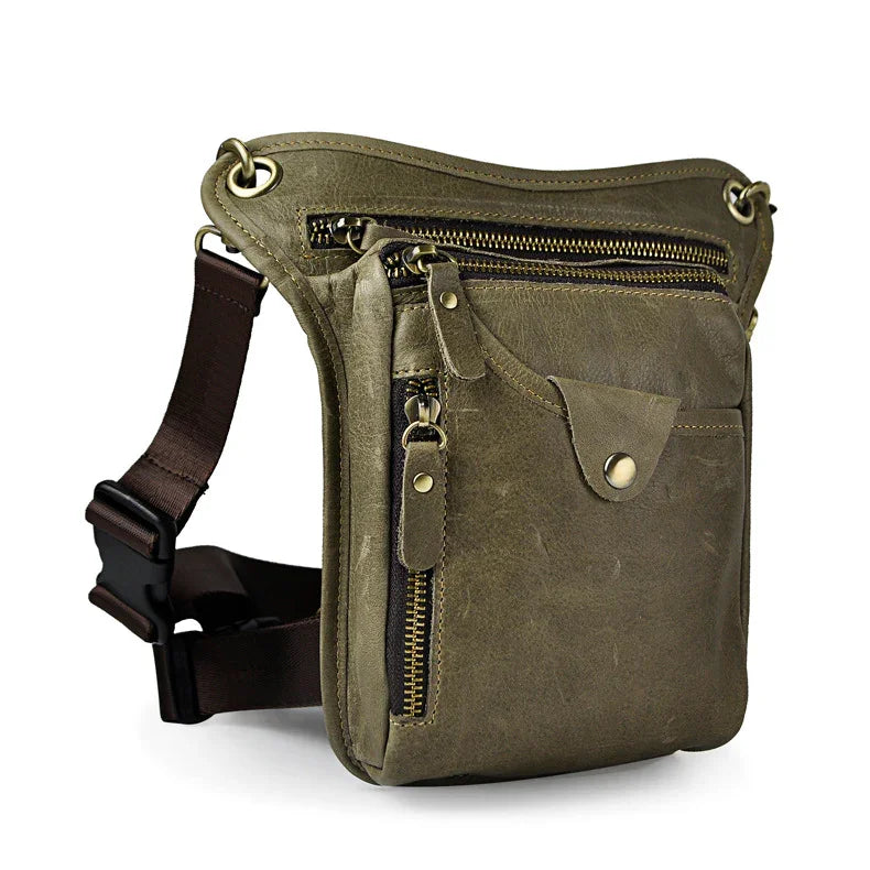 Full Grain Leather Sling Bag, Leather Motorcycle Hip Pouch, Male Knight Bull Head Bag and Sling Bags, Crazy Horse Leather Everyday Carry Pouch for Men Green