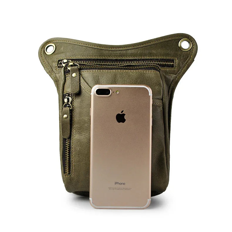 Full Grain Leather Sling Bag, Leather Motorcycle Hip Pouch, Male Knight Bull Head Bag and Sling Bags, Crazy Horse Leather Everyday Carry Pouch for Men Green