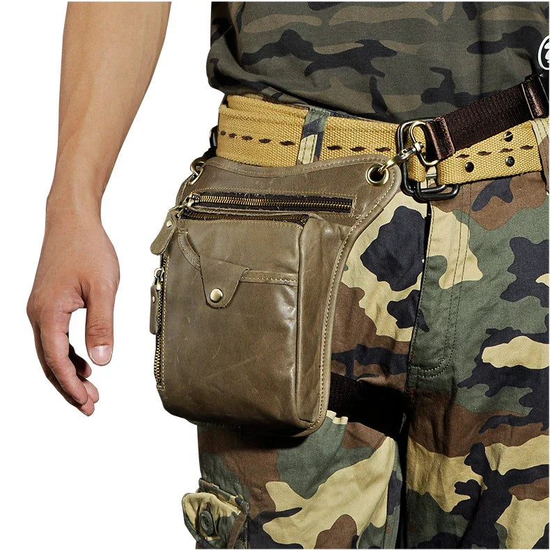 Full Grain Leather Sling Bag, Leather Motorcycle Hip Pouch, Male Knight Bull Head Bag and Sling Bags, Crazy Horse Leather Everyday Carry Pouch for Men Green