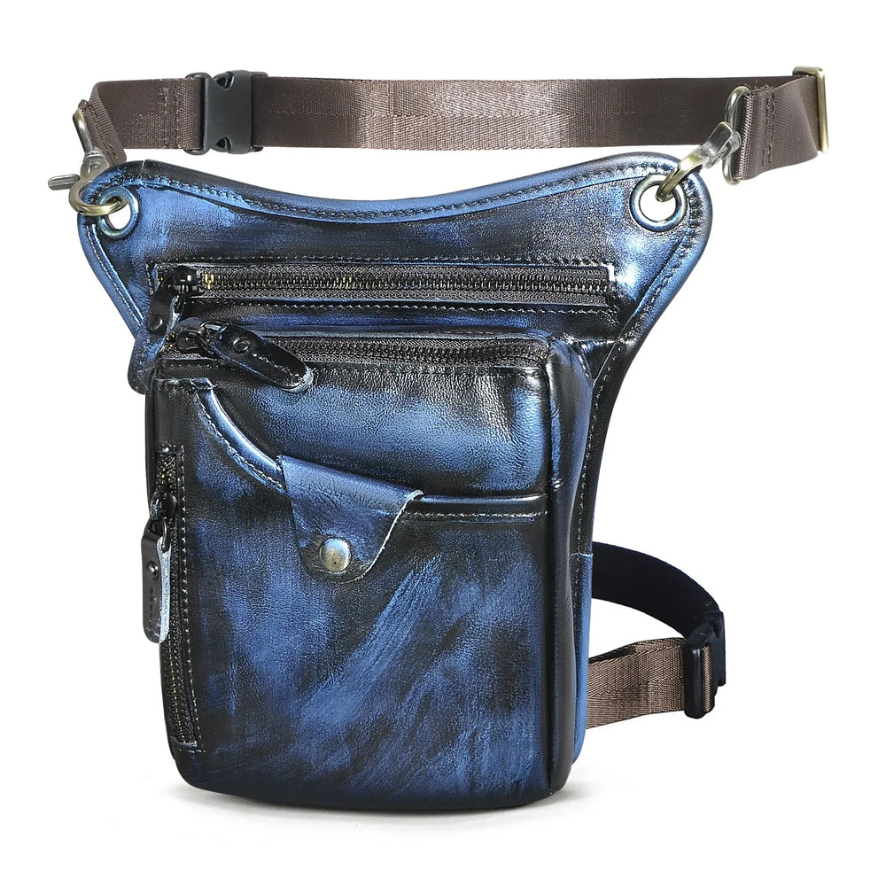 Full grain leather blue leg bag with zippered pockets and adjustable straps