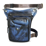 Full grain leather blue leg bag with zippered pockets and adjustable straps
