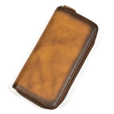 Full grain leather long wallet with zipper, brown cowhide, minimalist design